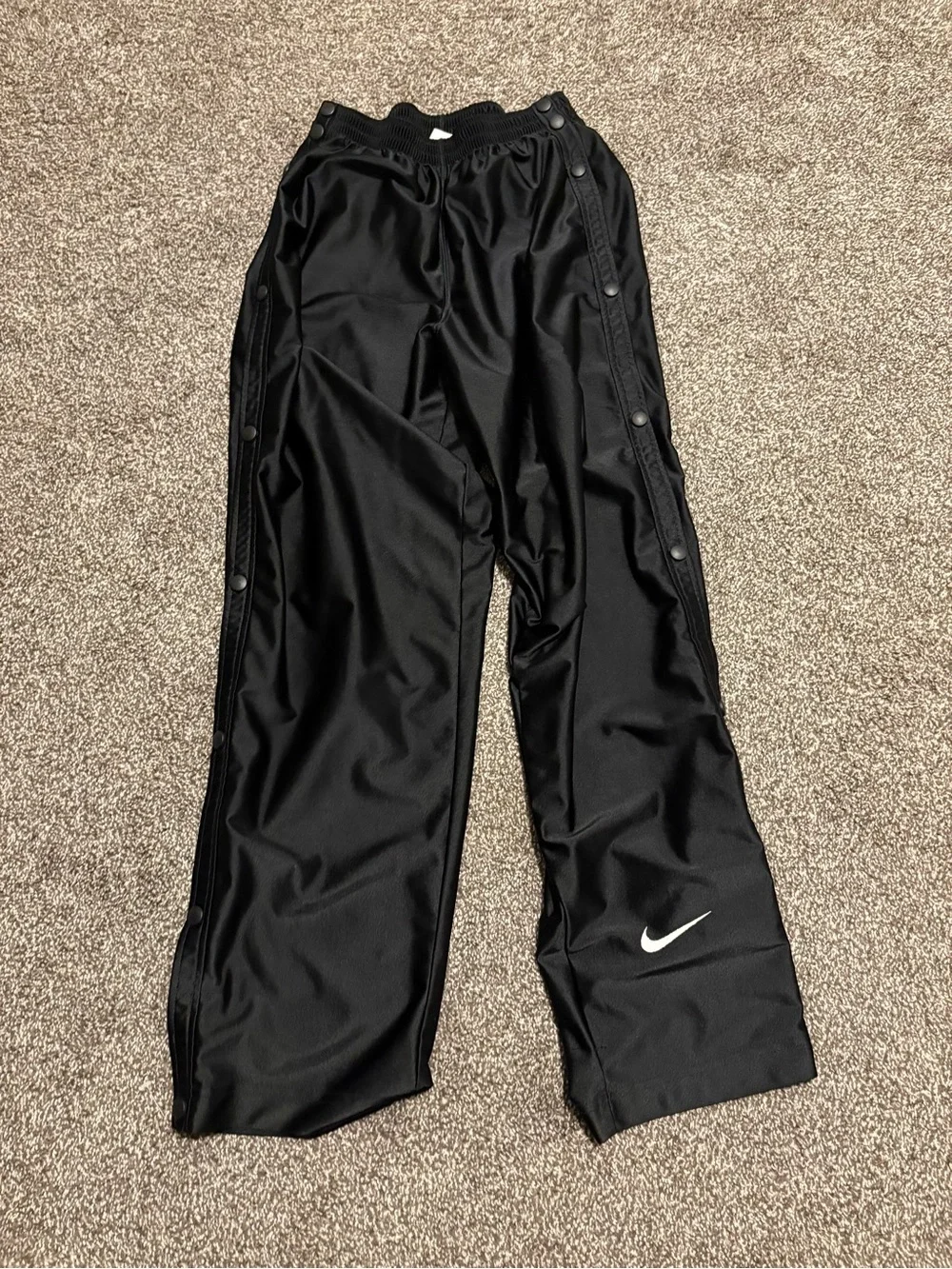 Vintage Nike Black Snap-Button Track Pants with White Swoosh